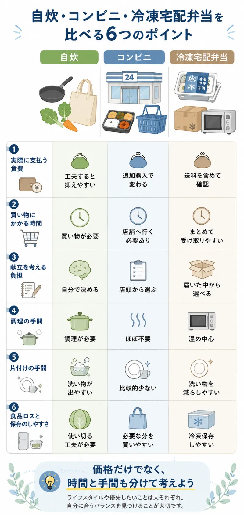 自炊・コンビニ・冷凍宅配弁当の比較ポイント早見図