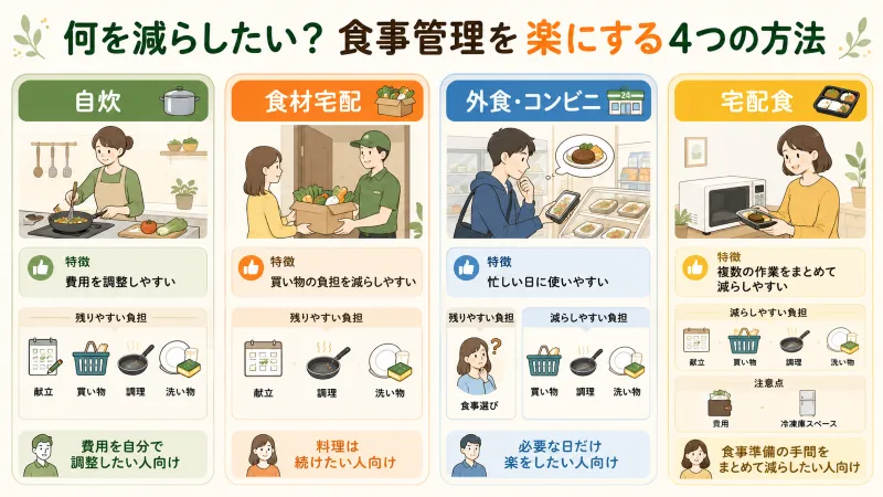 自炊・食材宅配・外食・宅配食を「費用」「献立」「買い物」「調理」「洗い物」の負担で整理する図解