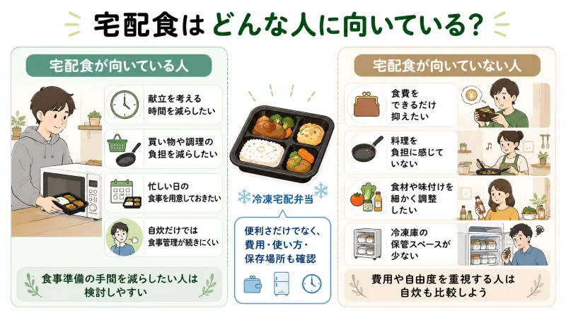 宅配食が向いている人・向いていない人を左右に分けて整理するイラスト図解