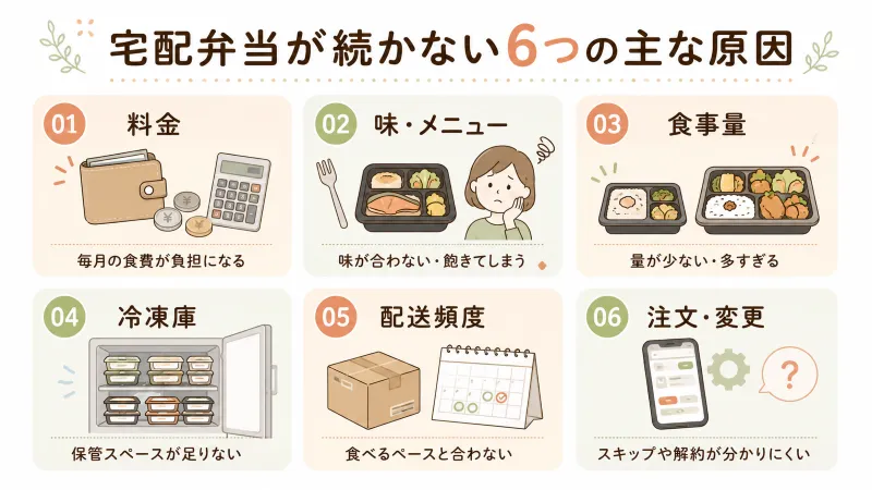 宅配弁当が続かない6つの主な原因をまとめた図解を設置